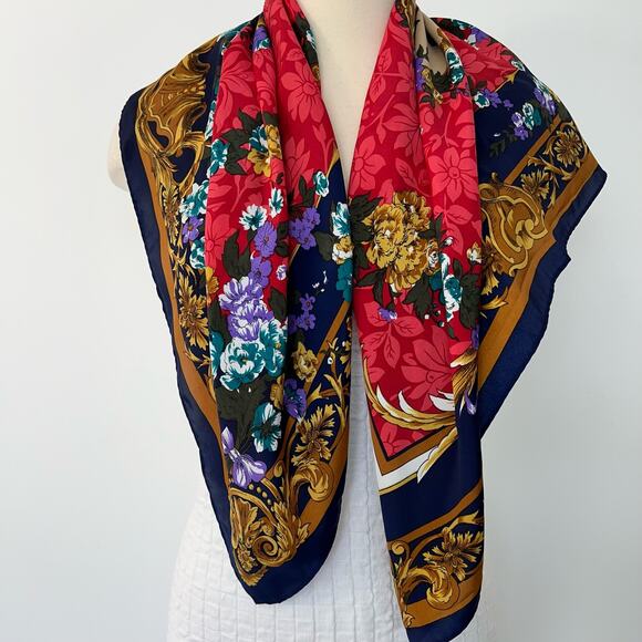 Silk Scarf Floral and Musical Instrument Print Navy Border - Picture 6 of 7